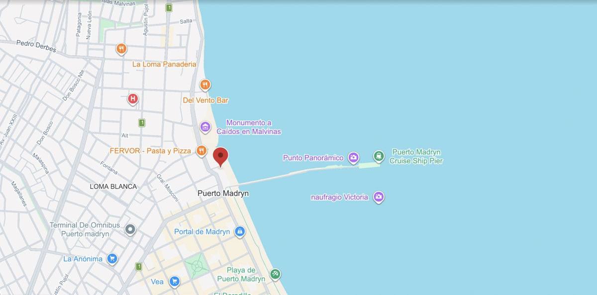 Mapa de Puerto Madryn con el punto de encuentro de Alavista en el Muelle Luis Piedra Buena. Abrir en Google Maps